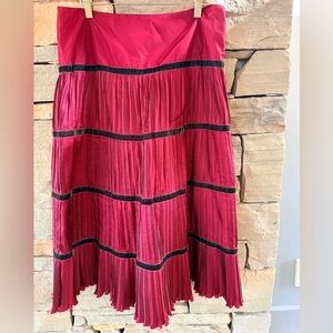 NWT Nic & Zoe Burgundy Pleated Silk Midi Skirt Brownish Black Velvet RibbonTrim